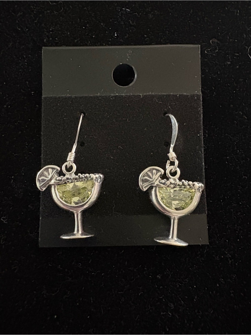 Shube silver dangle earrings. Margarita with green stone lime slice and salt rim